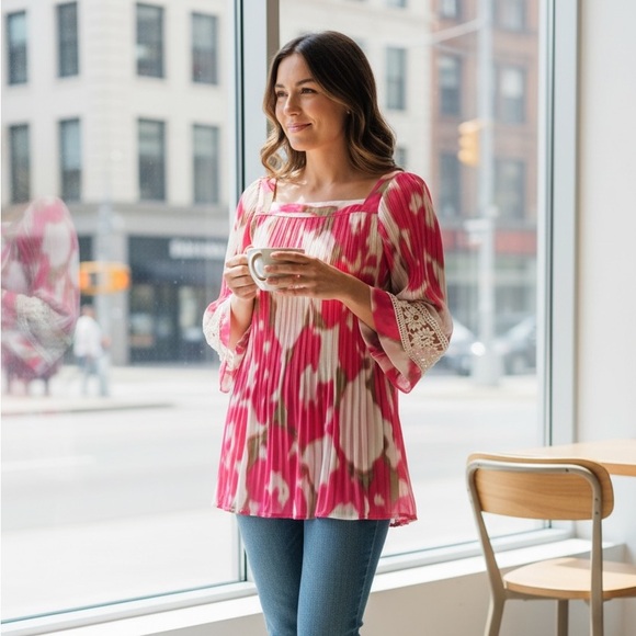 Alfani Tops - Alfani Petite 10P Pink Floral Boho Tunic Top Square Neck Lace Bell Sleeve